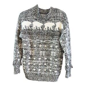 LOFT Bear Sweater Med Pet Fringe Trim Knit Mock Neck Pullover Gray White Scandi